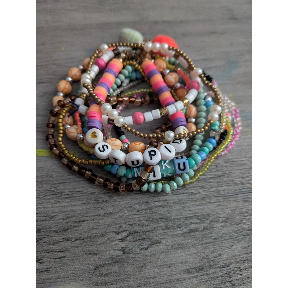 Handmade Beaded Bracelet Stack Y2K Miku Stupid Letter Beads Heishi Pearl Set